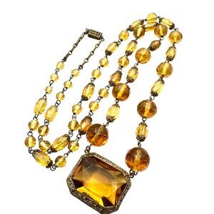 Antique Czech Art Deco Dark Yellow Glass Pendant Necklace Antiqued Gold 34 Inch